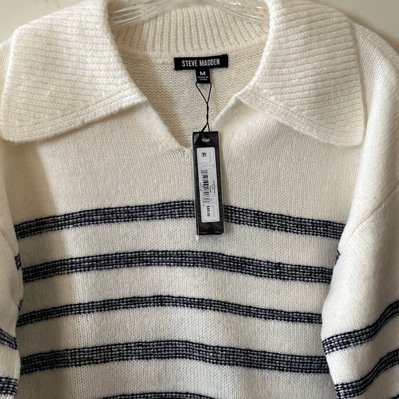 Steve Madden Navy and White Designer Collar Striped Sweater Women’s Medium - Picture 8 of 15